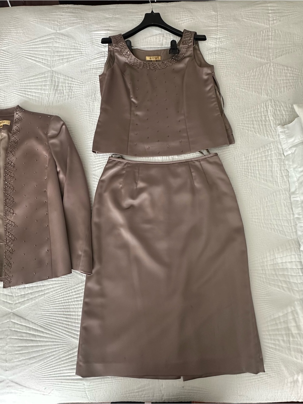 Three-Piece Taupe Satin Skirt Set